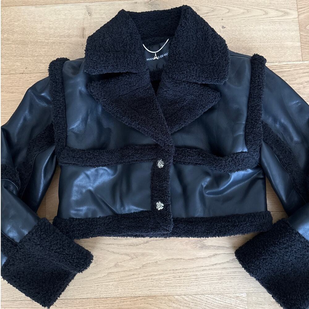 Maniere De Voir Jacket Faux Leather Plush Trim Detachable Sleeves Size US4 Black - Picture 2 of 8